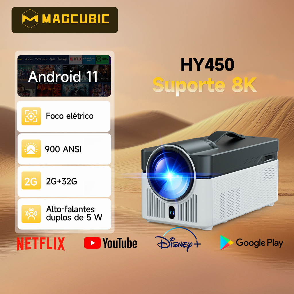 Projetor Magcubic HY450 8K 900ANSI Foco Eletrônico Projeção De