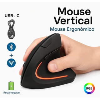 Mouse Vertical Ergonômico Sem Fio Recarregável USB Bluetooth Silencioso Ortopédico Mão Direita PC Gamer Super