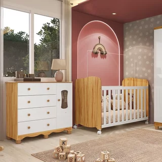 Quarto de Bebê Cômoda com 1 Porta Janelada e Berço com Rodízios 100% Mdf Lana Espresso Móveis Branco em Oferta na Shopee