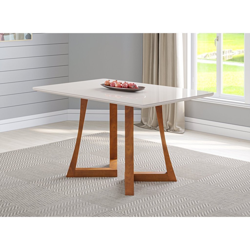 Mesa 4 Lugares Madeira Maciça com Vidro Canto Arredondado 136x90cm Jantar Anna Âmbar/Off White