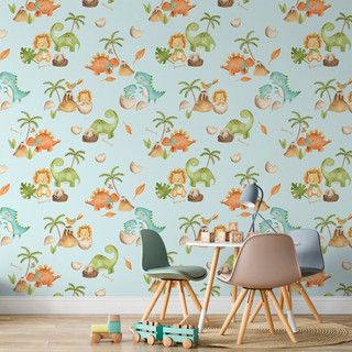 Papel de Parede Infantil Dinossauro Aquarela Azul | Quarto de Bebê Menino Auto Adesivo Decorativo Tema Dino