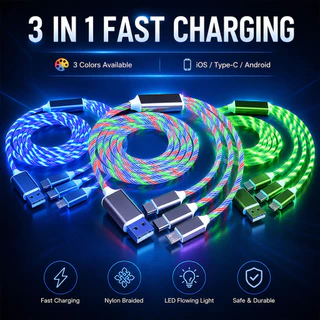 Cabo de dados LED RGB 3 em 1 trançado e durável compatível com carregamento rápido de dispositivos Apple Android Tipo C