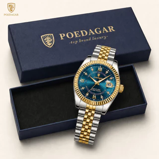 POEDAGAR 910 Relógio Masculino Azul Dourado Clássico Quartzo Data Ampliada Pulseira Bicolor 30M