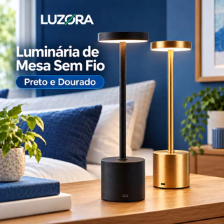Luminária de Mesa LED Touch Recarregável USB-C Sem Fio 3 Cores de Luz com Dimmer Preta ou Dourada