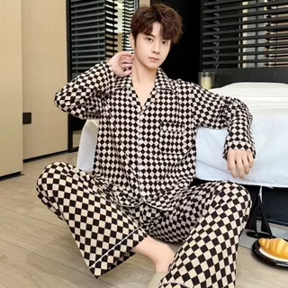2025 primavera quente masculino simples algodão seda pijamas conjunto de 2 peças de manga comprida xadrez impressão abso em Oferta na Shopee