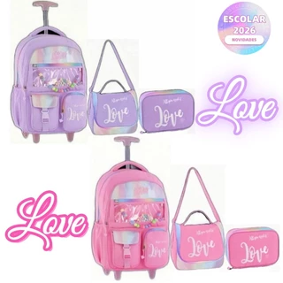 Kit Mochila Holográfica Love 18” Escolar Juvenil 2 Rodas Feminino Passeio Escolar Metalizado Lancheira Térmica E Estojo
