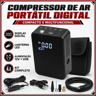Compressor de Ar Portátil Digital 12V Calibrador de Pneus com Lanterna LED e Power Bank