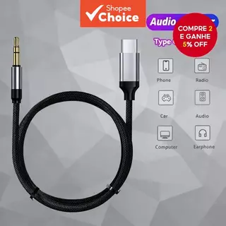 Cabo Adaptador de Áudio AUX Tipo-C para Jack 3.5mm para Carro, Caixa de Som, Fone de Ouvido
