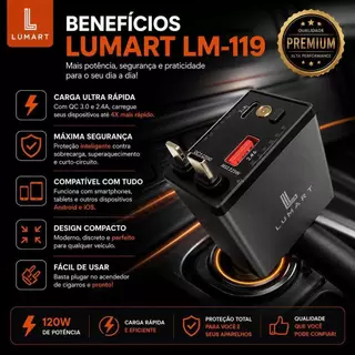 Carregador Veicular 4 em 1 Retrátil 120W com Luz LED | Carga Rápida iPhone e Android