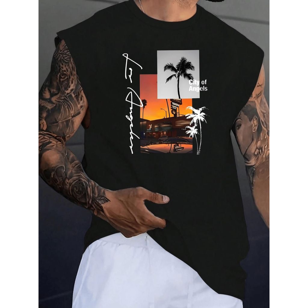 Regata Machão Masculina Estilo Praia Camiseta Cavada Estampada Los Angeles Beach City of Angels