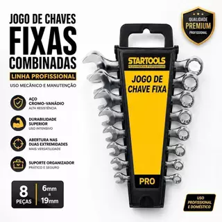 Jogo de Chaves Combinadas 8 a 19mm 8 Peças Profissional Boca Estrela para Mecânico e Manutenção