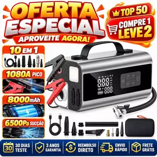 Auxiliar de Partida 1080A Pico 8000mAh 10 em 1 Compressor de Ar e Aspirador