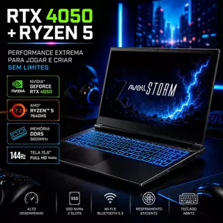 Notebook Gamer Avell Storm 450 R5-7640HS Ryzen 5 40GB DDR5 SSD 2TB NVME RTX 4050 6GB Tela 15,6"