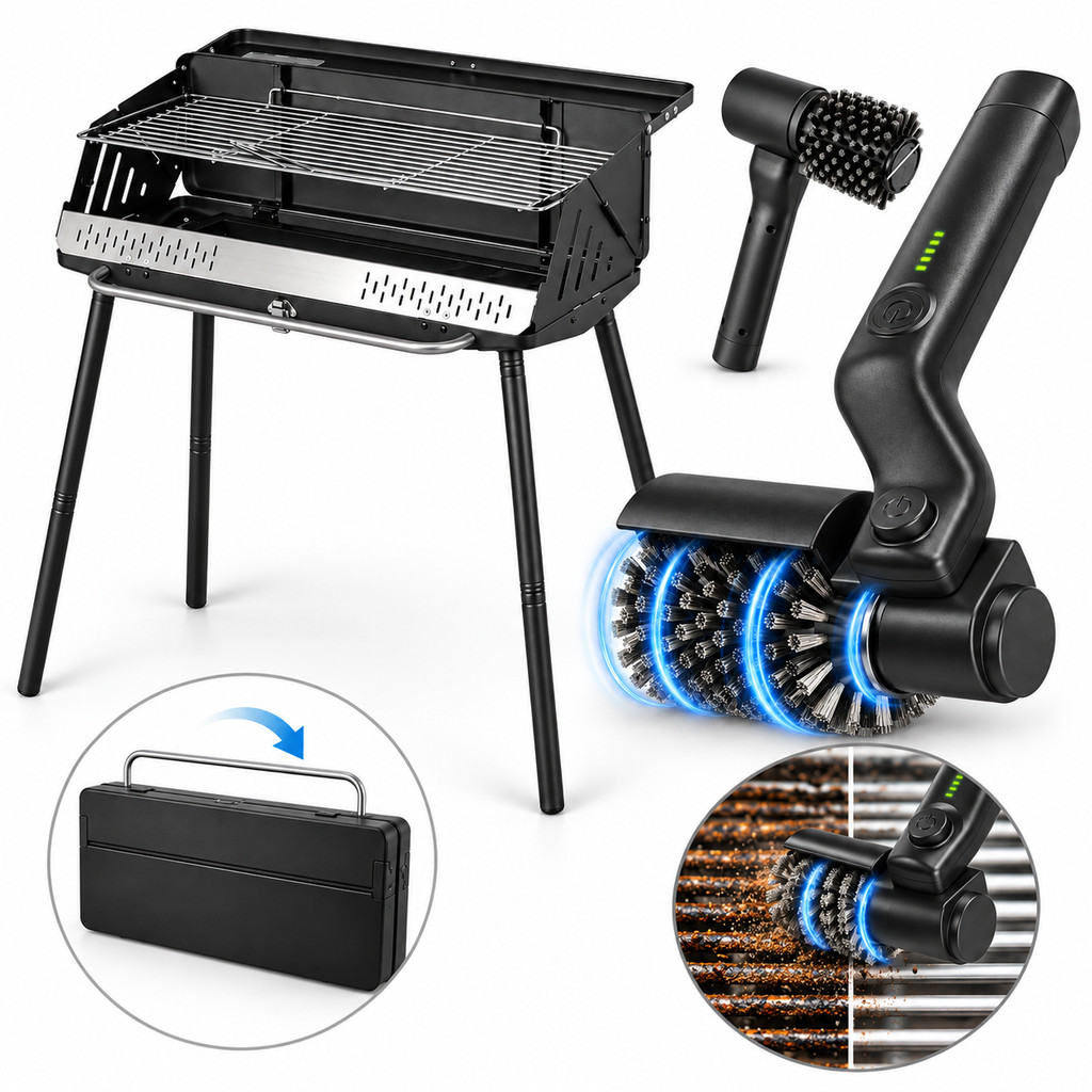 Kit Completo Churrasqueira Portátil Dobrável + Escova Elétrica para Limpeza de Grelha
