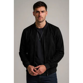 Jaqueta Bomber Suede Masculina Com Zíper Frontal E Bolso