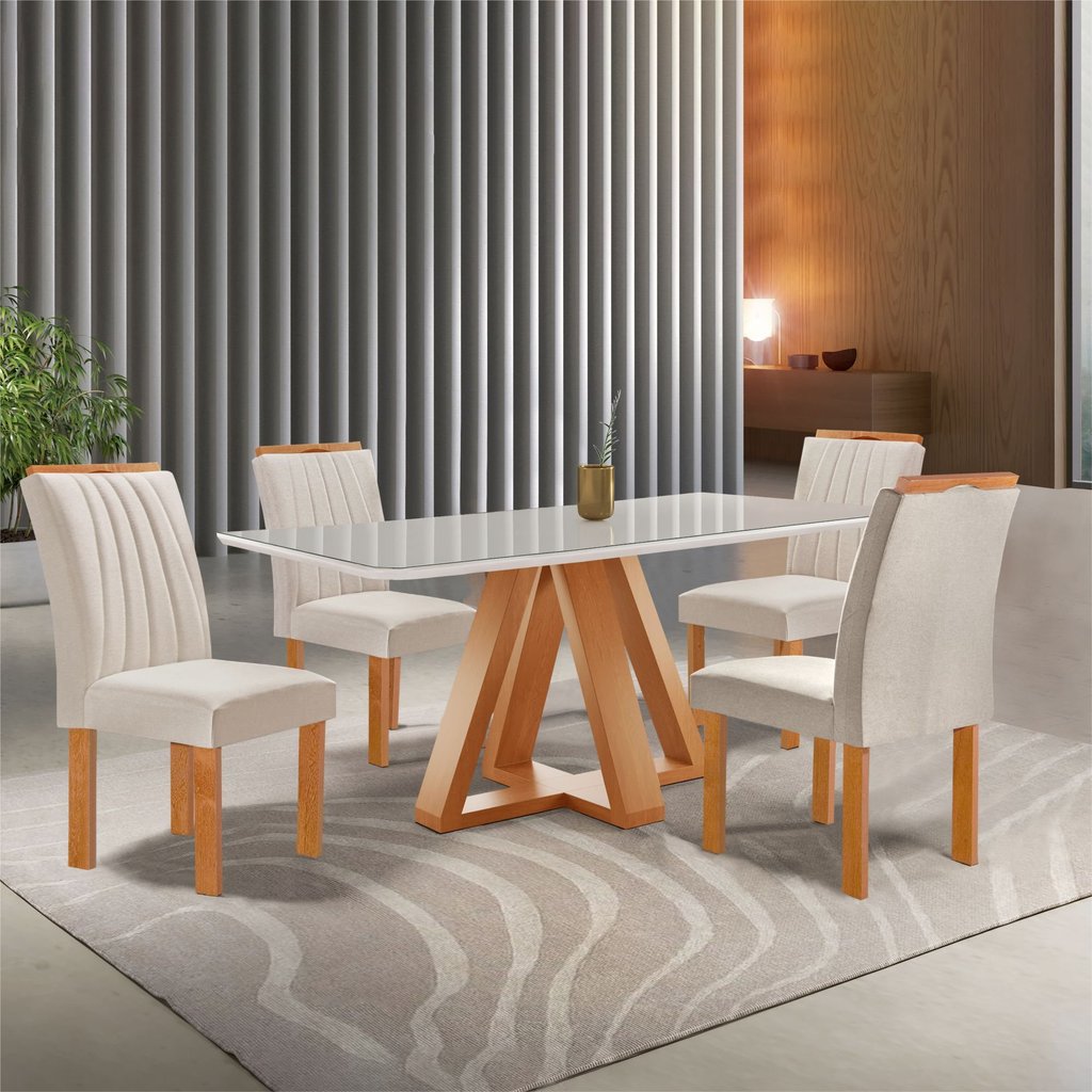 Conjunto Mesa Tampo Smart Plus Vidro Kyra 120cmx90cm 4 Cadeiras Arizona Cinamomo/Off White/Suede Bege