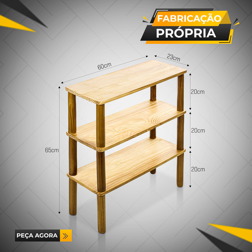 Móvel Organizador Sapateira 65x60x23 com 3 Repartições em Madeira