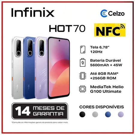 Smartphone Infinix HOT 70 4G 256GB 8GB RAM Tela 6.78 120Hz Dimensity 7050 Bateria 6000mAh Android 16 NFC