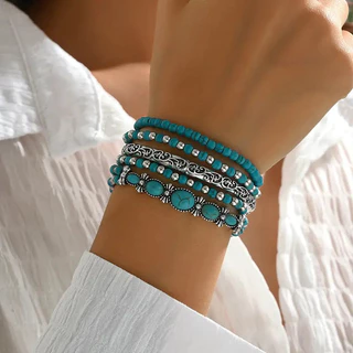 Conjunto De 5 Peças De Pulseiras Com Padrão Retrô Incrustadas Em Turquesa Contas