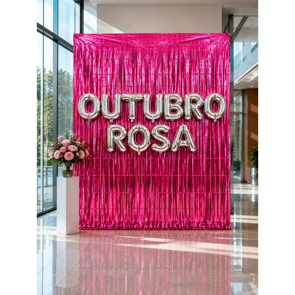 Kit Decoração Outubro Rosa com Cortina Metalizada Pink + Letras Prata ...