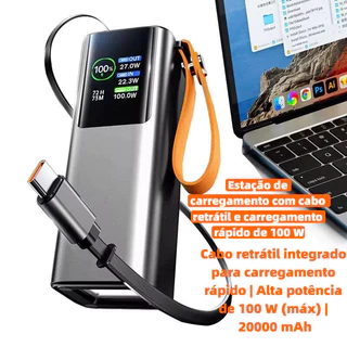 NOVO Carregador Portátil Power Bank 20000mah Turbo 100W PD Rápido,tela colorida tft,Vem com cabo retrátil KA-9897B