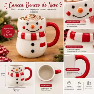 Caneca em Cerâmica Natalina Snowman Boneco de Neve 330ml