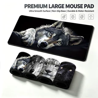 Mousepad Gamer 80x30cm Borda Costurada, Lobo Selvagem Preto Realista, Superfície Lisa para Setup