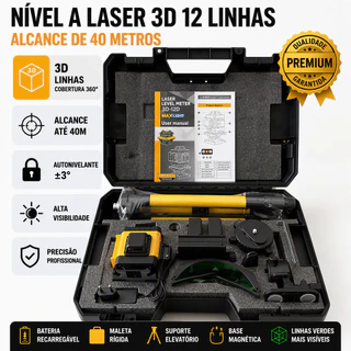 Nível a Laser 12 Linhas Verde Profissional Auto Nivelante Alcance 40m 2 Baterias Lítio Tripé Maleta Obras Reformas