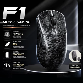 FURYCUBE F1 Mouse Gamer Ultralight 49g com Bateria Substituível PAW3315 32000DPI 300IPS 2.4GHz Bluetooth USB-C 300mah PC