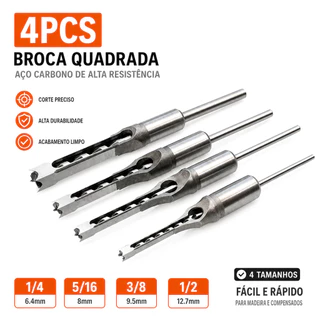 Kit Jogo 4 Brocas Furo Quadrado Furadeira Bancada Madeira 1/4 5/16 3/8 1/2,Furo De Aço