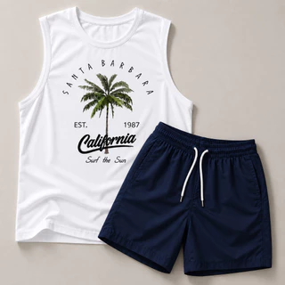 Conjunto Masculino Regata Machão + Bermuda Tactel Praia Academia Casual Verão Streetwer