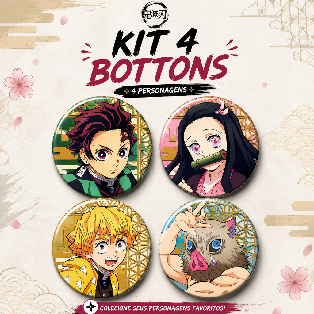 Kit 4 Bottons Demon Slayer Kimetsu no Yaiba Anime Broche Pin Mochila ...