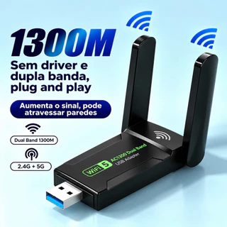 Adaptador WiFi 6 USB 3.0 Mini Dual Band 1300Mbps 2.4GHz/5GHz 2 Antenas PC Notebook Sem Fio