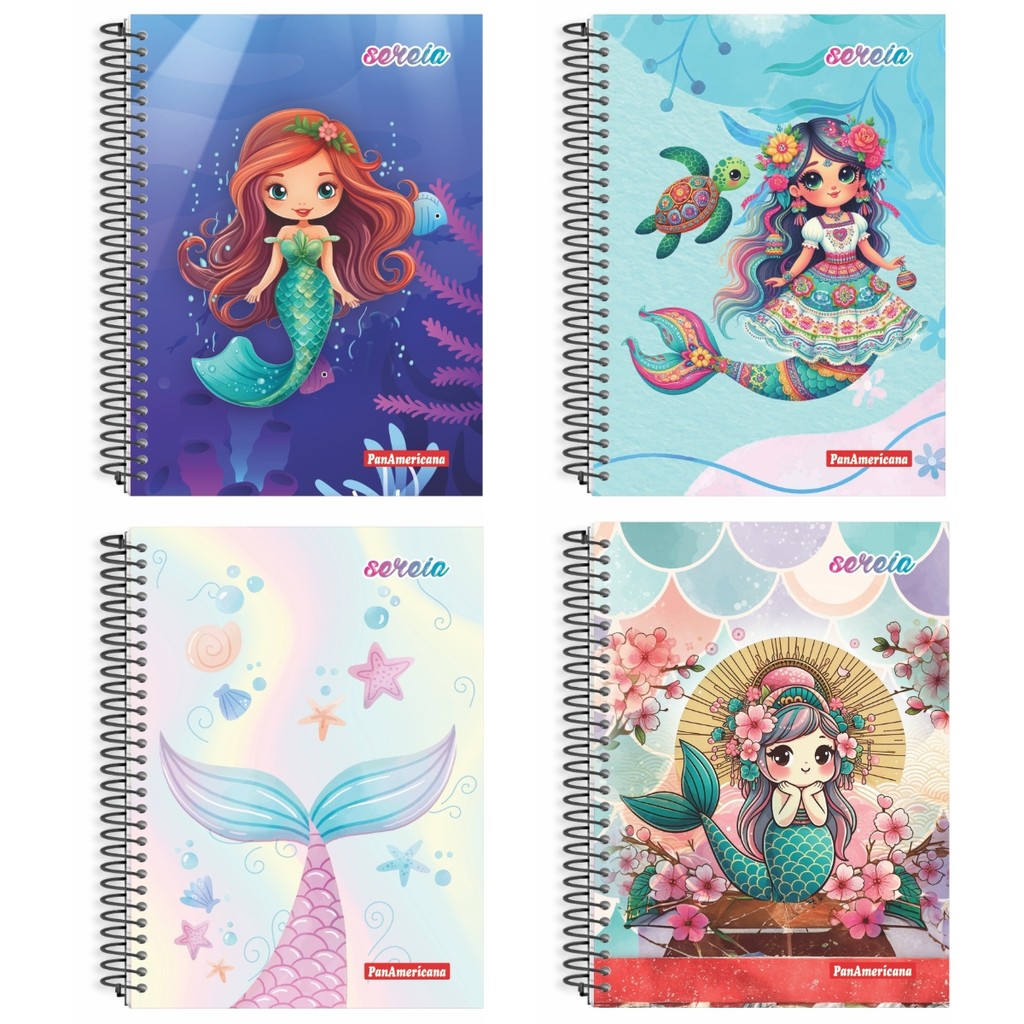 Caderno De 10 Matérias 160 Folhas Capa Dura Mola Espiral Sereia ...