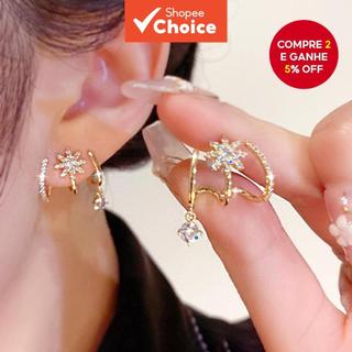 Brincos femininos 1 par, na cor dourada, com zircônia embutida, design de estrela de oito