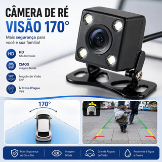Câmera de Ré Automotiva 12V com 4 LEDs Visão Noturna Ângulo 170° para Estacionamento