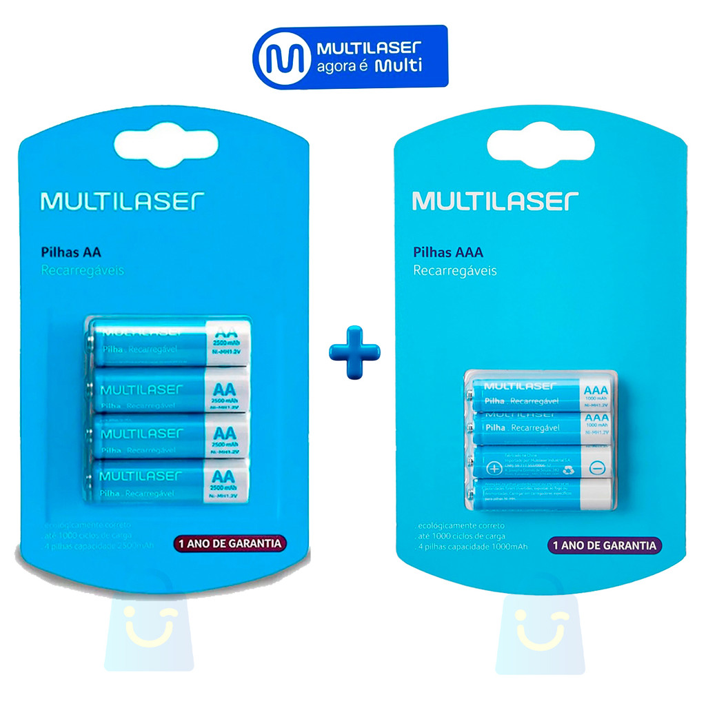 4 Pilhas AA 2500Mah + 4 Palito 1000M Recarregável Multilaser