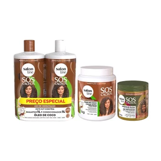 Kit com Creme Para Pentear + Shampoo e Condicionador 1L +  Gel Definidor Sos Cachos Salon Line em Oferta na Shopee