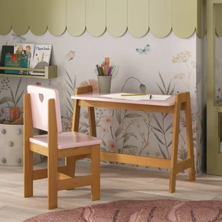 Conjunto Mesa Escrivaninha + 1 Cadeira Infantil Sofia Madeira Maciça / Mdf Rosa