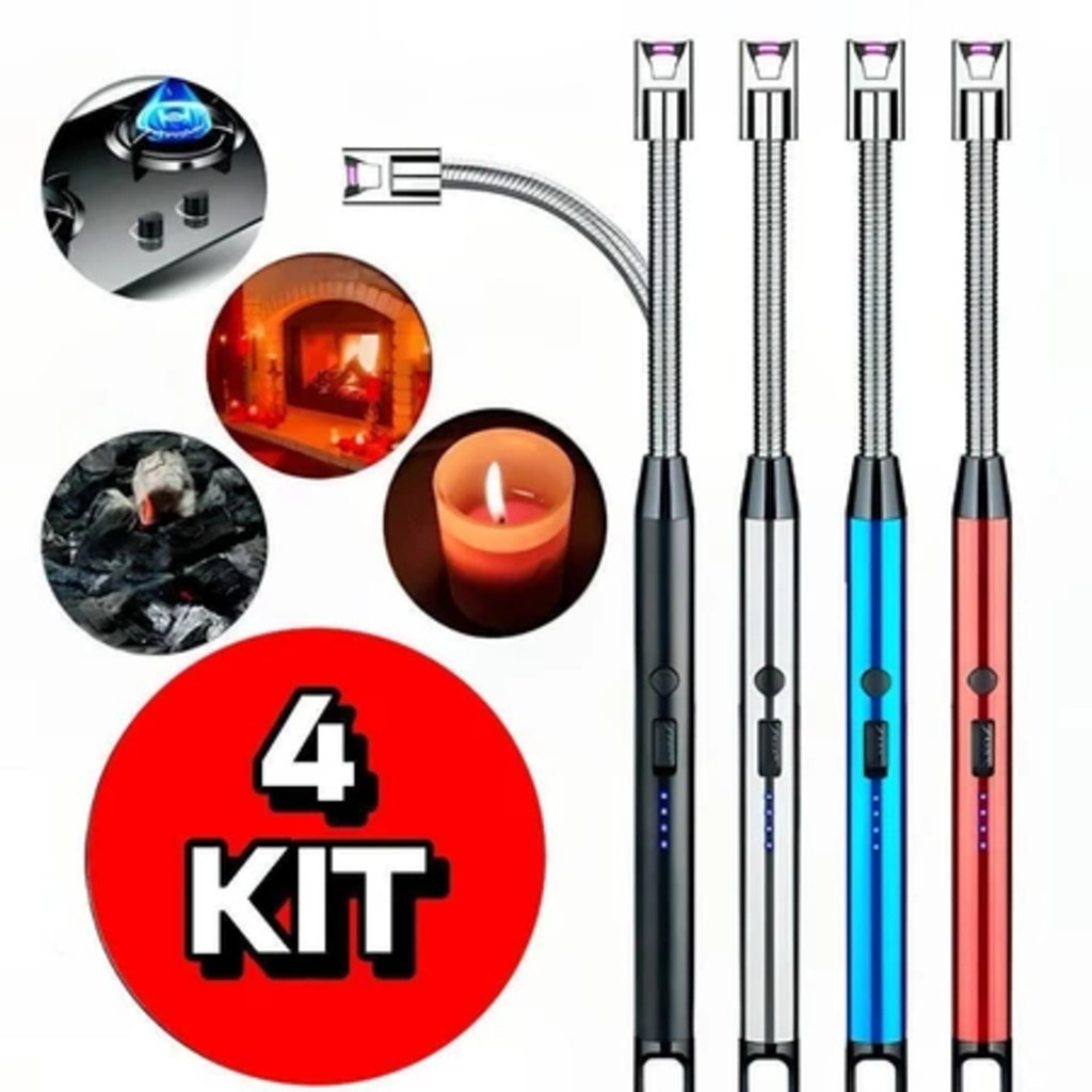 Kit 4 Acendedores Elétricos USB com Haste Flexível 360° Recarregável para Fogão, Velas e Churrasco