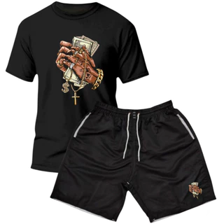 Kit Camiseta Masculina + Bermuda Masculina Estampada Tactel Moda Praia MONEY MAO Elegante Leve Promoção Elegante