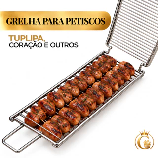 Grelha Dupla Inox 11x34cm Cabo Longo para Petiscos Churrasco
