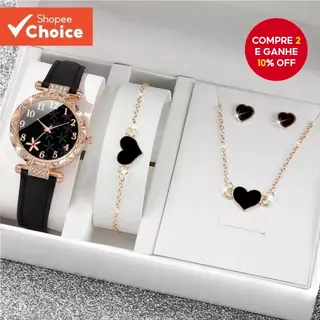 Relógio Feminino Elegante De Quartzo Com Mostrador De Flores E Pulseira De Couro + Conjunto De Joias De Coração (Sem Emb