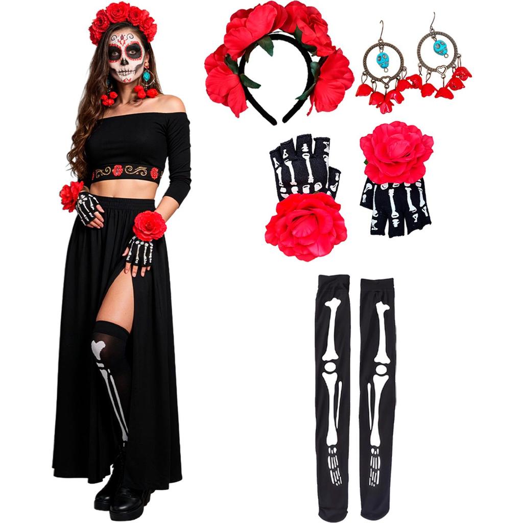 Kit Fantasia Caveira Mexicana Adulta Fantasia Halloween Feminina Barata ...