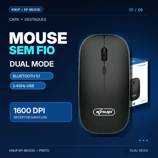Mouse Sem Fio KNUP KP-MU030 Bluetooth 5.1 2.4GHz USB 1600 DPI Preto