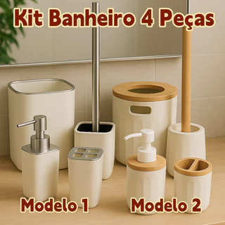 Kit Banheiro 4 Peças Quadrado Liso E Redondo Ondulado Sofisticado Detalhes em Bambu E Cromado Branco em Oferta na Shopee