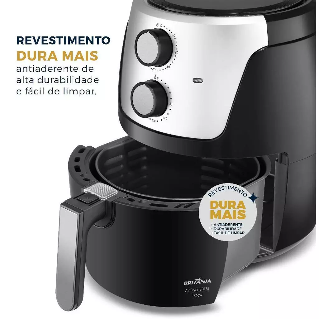 Air Fryer Britânia BFR38 com a cesta removível parcialmente aberta, mostrando o revestimento antiaderente interno e o puxador prateado, com destaque para a durabilidade do revestimento.