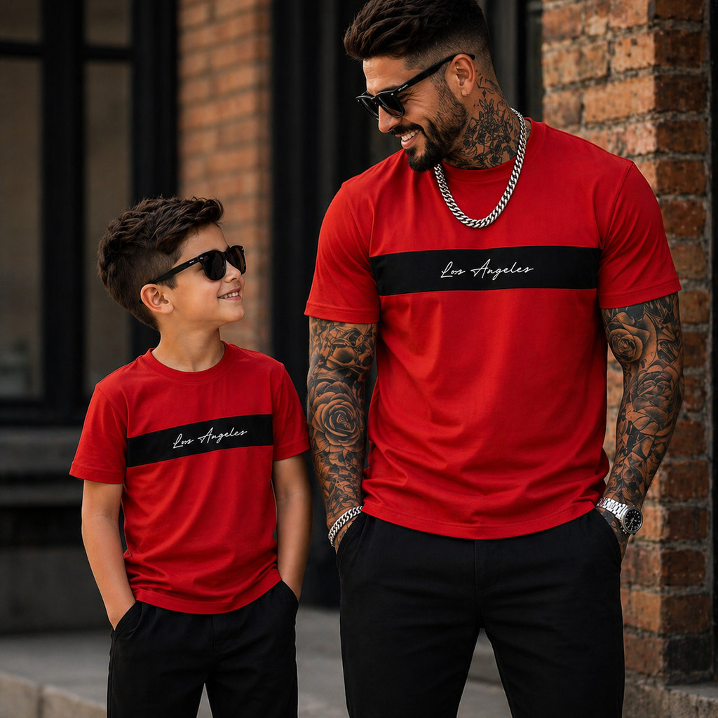 Kit Camisetas Pai e Filho Los Angeles 100% Algodão Masculina e Infantil Camisas Combinando Estilo Streetwear