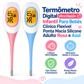 Termômetro Digital Ultra Rápido Infantil Bebê Ponta Macia Flexível Silicone Rosa Azul Adulto