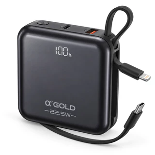 Carregador Portátil Power Bank 10000mAh A’Gold Pro 22,5W com Cabos Tipo-C e Lightning e Visor Digital